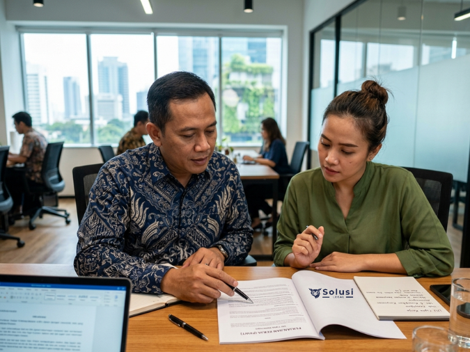 Konsultasi Hukum Ketenagakerjaan Indonesia SolusiLegal Seorang Legal Consultant sedang menjelaskan hak dan kewajiban karyawan sesuai aturan tenaga kerja UU Cipta Kerja kepada pemilik UMKM.