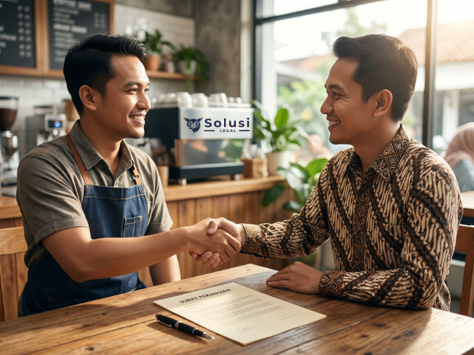 Pentingnya Kontrak Sederhana dalam Etika Berbisnis UMKM Dua pelaku usaha melakukan jabat tangan sebagai simbol etika berbisnis UMKM dan legalitas kontrak bisnis sederhana.