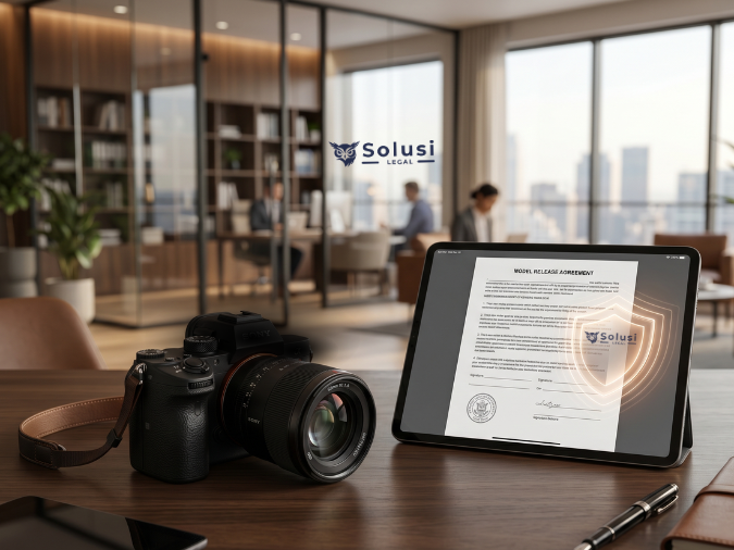 Manajemen Risiko Hukum Aset Visual - Solusi Legal o Kamera profesional dan draf model release form sebagai bentuk manajemen risiko hukum aset visual.