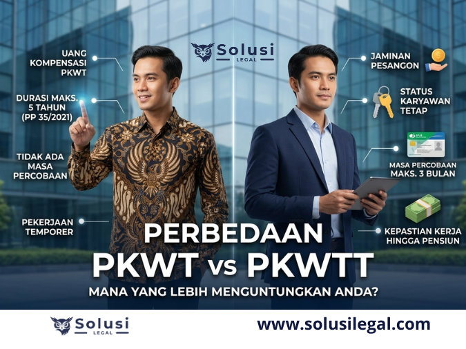 Perbedaan PKWT dan PKWTT - Panduan Lengkap Hak Pekerja dan UMKM. Ilustrasi visual yang membandingkan perbedaan PKWT dan PKWTT, menampilkan hak karyawan kontrak seperti uang kompensasi dibandingkan dengan status karyawan tetap yang mendapatkan jaminan pesangon.
