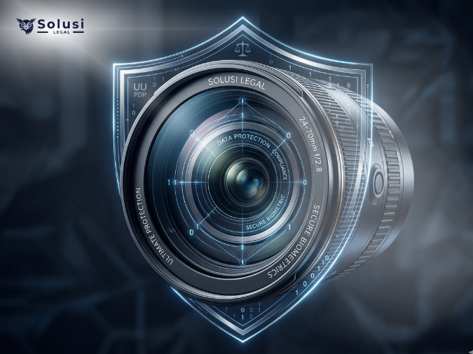 Visualisasi digital shield pada lensa kamera terkait UU PDP dan penggunaan foto pribadi sebagai data biometrik.