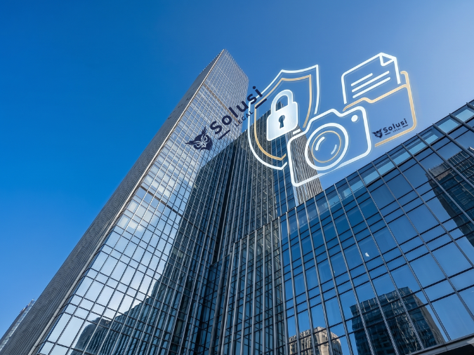 Hak Privasi Penghuni Apartemen dan Regulasi Pengelola Gedung Ilustrasi hak privasi penghuni apartemen berupa ikon perisai gembok dan kamera di atas latar belakang gedung perkantoran kaca.