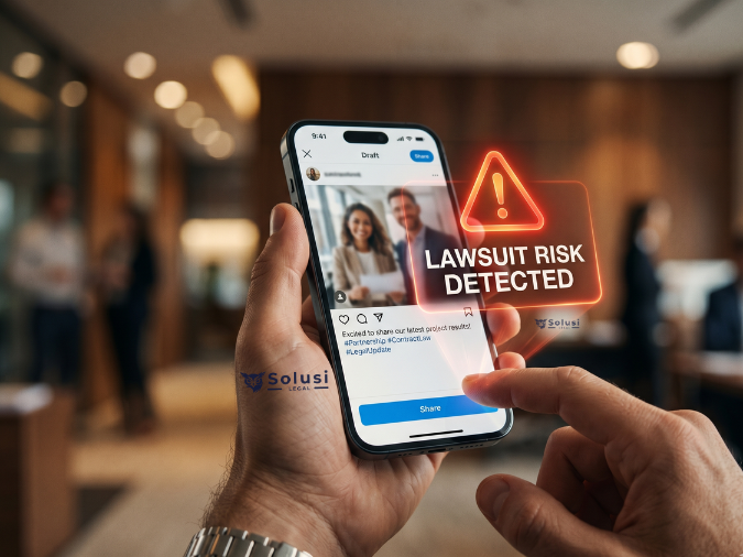 Tangan memegang smartphone menampilkan peringatan risiko hukum posting foto orang lain tanpa izin untuk konten promosi bisnis.