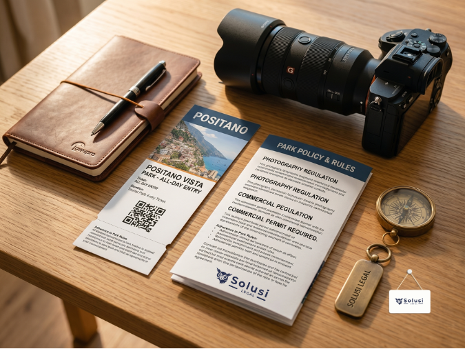 Dokumen tiket masuk dan brosur kebijakan fotografi di tempat wisata sebagai simbol konsep tiket sebagai kontrak legal