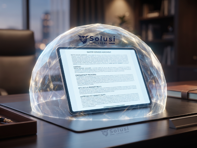 Tablet modern menampilkan dokumen kontrak "Master Services Agreement" dalam kubah pelindung digital, simbol visual untuk legal standing pekerja lepas dan perlindungan hukum kontrak kerja freelance