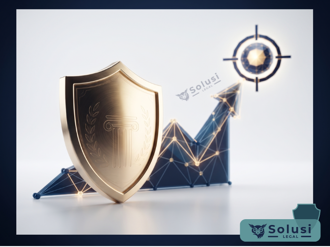 Perisai emas dengan simbol pilar melindungi grafik pertumbuhan bisnis, melambangkan perlindungan hukum sebagai investasi strategis bagi profesional