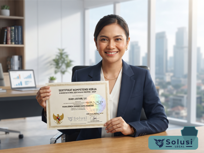 Seorang profesional memegang Sertifikat Kompetensi Kerja resmi dari BNSP sebagai bukti legalitas kompetensi kerja di kantor modern