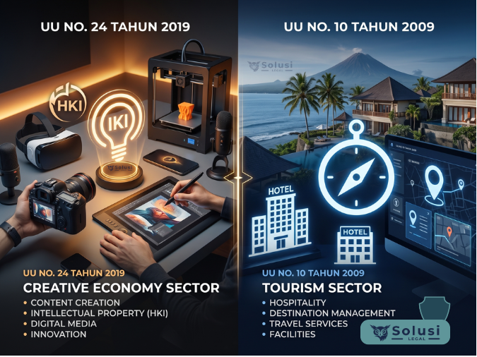 Perbandingan Hukum Ekonomi Kreatif vs Regulasi Sektor Pariwisata Infografis perbandingan batasan hukum ekonomi kreatif UU 24 Tahun 2019 dan regulasi sektor pariwisata UU 10 Tahun 2009