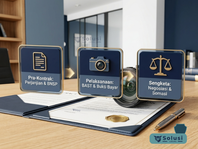 alur-mitigasi-sengketa-kontrak-kerja-freelance Infografis 3 langkah penyelesaian sengketa freelance: pra-kontrak BNSP, BAST pelaksanaan, dan negosiasi somasi.