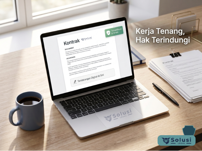 Draft Kontrak Kerja Mandiri Aman - Solusi Legal Laptop menampilkan draft kontrak kerja mandiri aman dengan verifikasi digital di meja kerja profesional