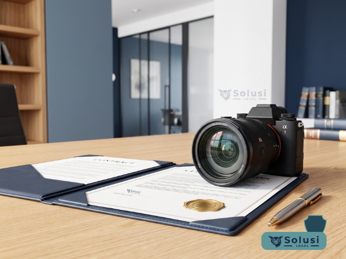 sengketa-kontrak-kerja-solusi-hukum-freelancer-fotografer Kamera mirrorless profesional di atas meja kayu berdampingan dengan dokumen sengketa kontrak kerja dan sertifikat BNSP